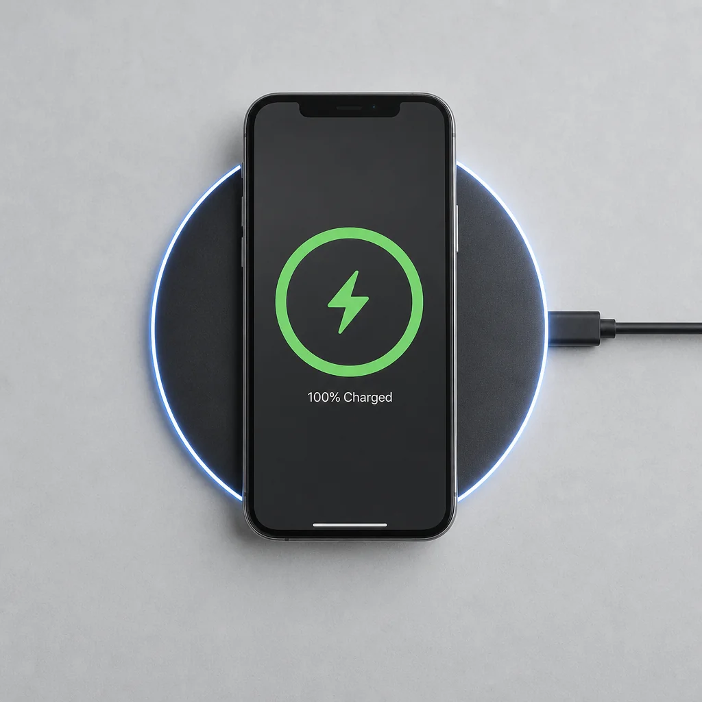 Wireless charging pad powering up a smartphone